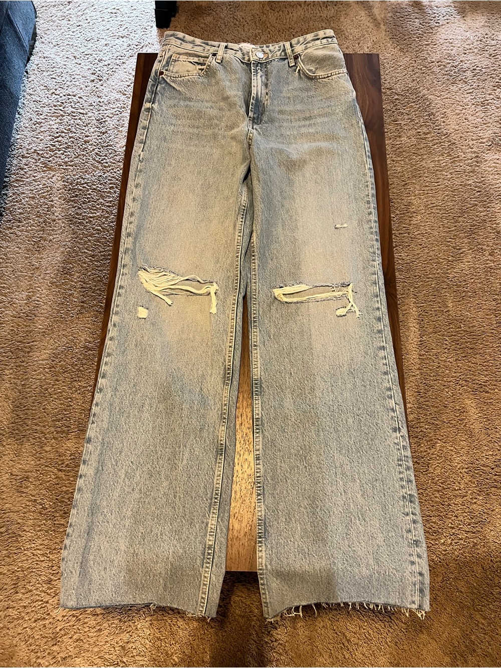 Zara Light Blue Distressed Wide-Leg Jeans
